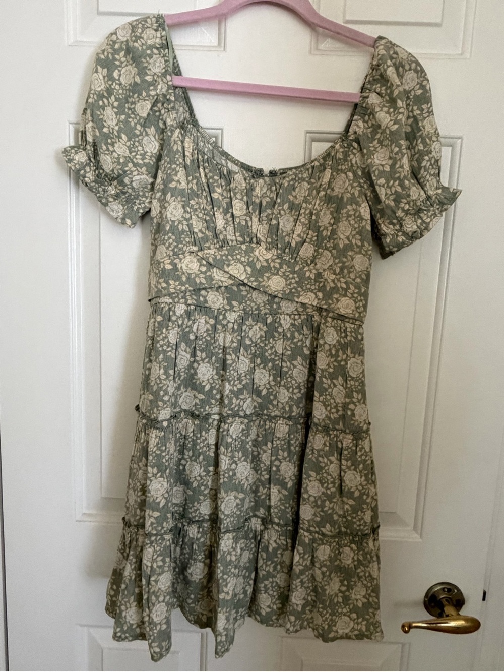 Naked Zebra Sage Green Floral Tiered Short-Sleeve Dress